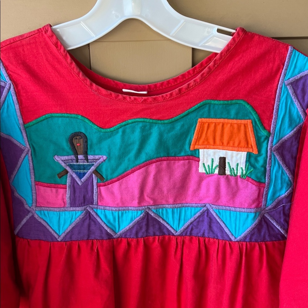 Vintage 70’s Cotton Guatemala Hand Made Red Dress Patchwork Sz M-L - Picture 3 of 7